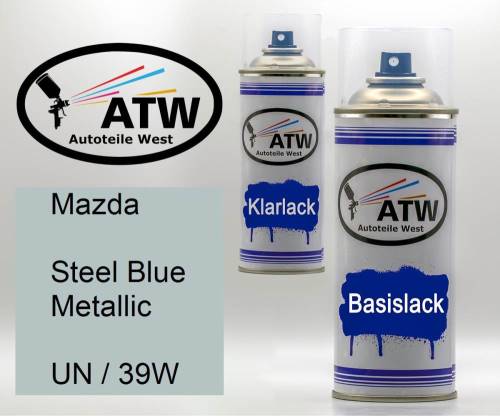 Mazda, Steel Blue Metallic, UN / 39W: 400ml Sprühdose + 400ml Klarlack - Set, von ATW Autoteile West.